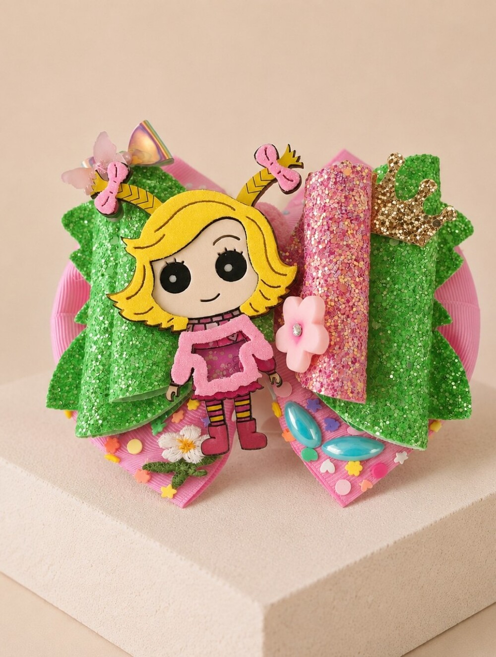 Handmade Sparkly Princess Character Hair Bow in Pink & Green